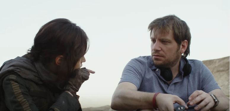 Edwards and Felicity Jones on the set of Rogue One
