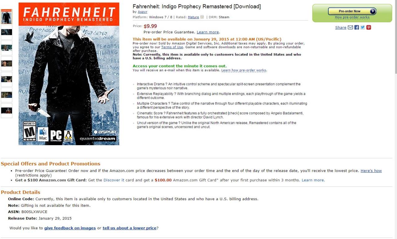Quantic Dream's Fahrenheit: Indigo Prophecy Remastered Leaked — Report