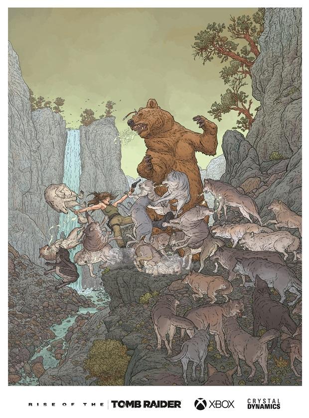 Lara Croft Fights a Bear and a Pack of Wolves on a Cliff in Epic New Poster