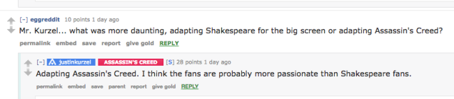 From a recent Reddit AMA with Justin Kurzel, director of the upcoming Assassin’s Creed movie.